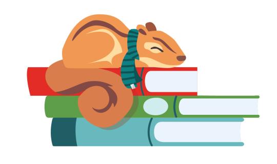 Cartoon chipmunk asleep on a pile of books.