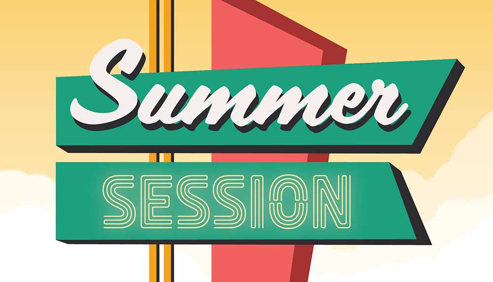 Motel road sign with the words, "Summer Session"