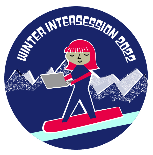 A cartoon image of a girl snowboarding down a slope holding a laptop with snow-capped mountains in the background 